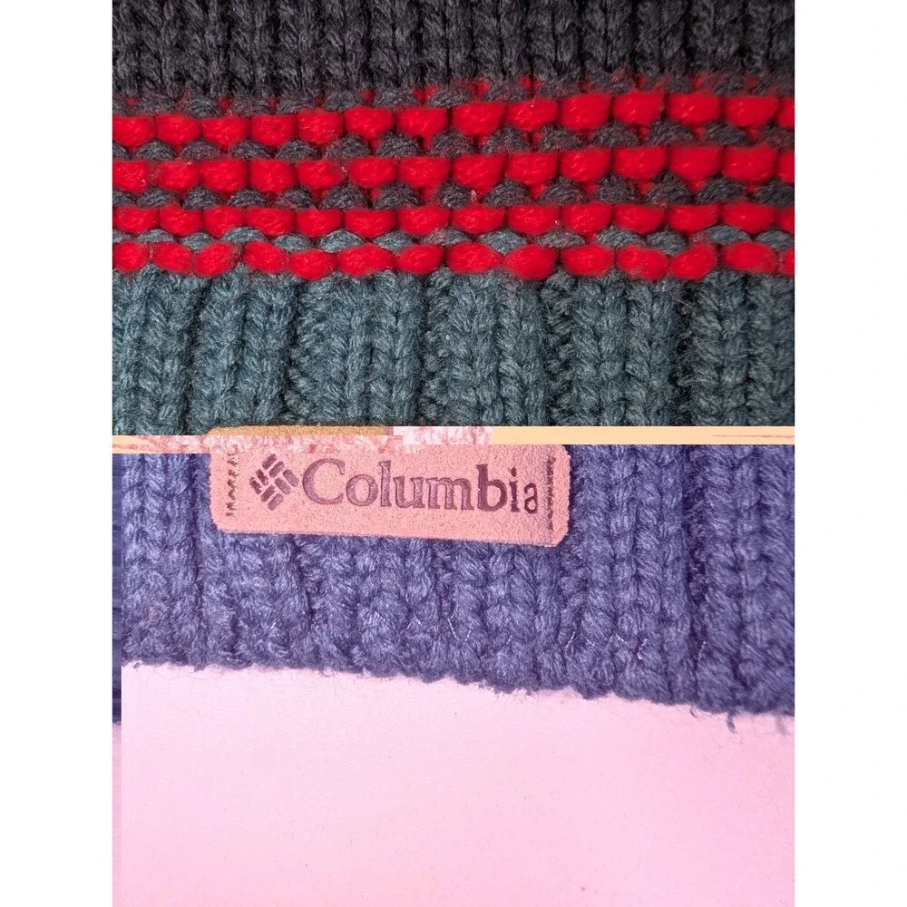 Columbia Knit Beanie Hat Blue Red Striped Fleece Lined Unisex Winter Cap